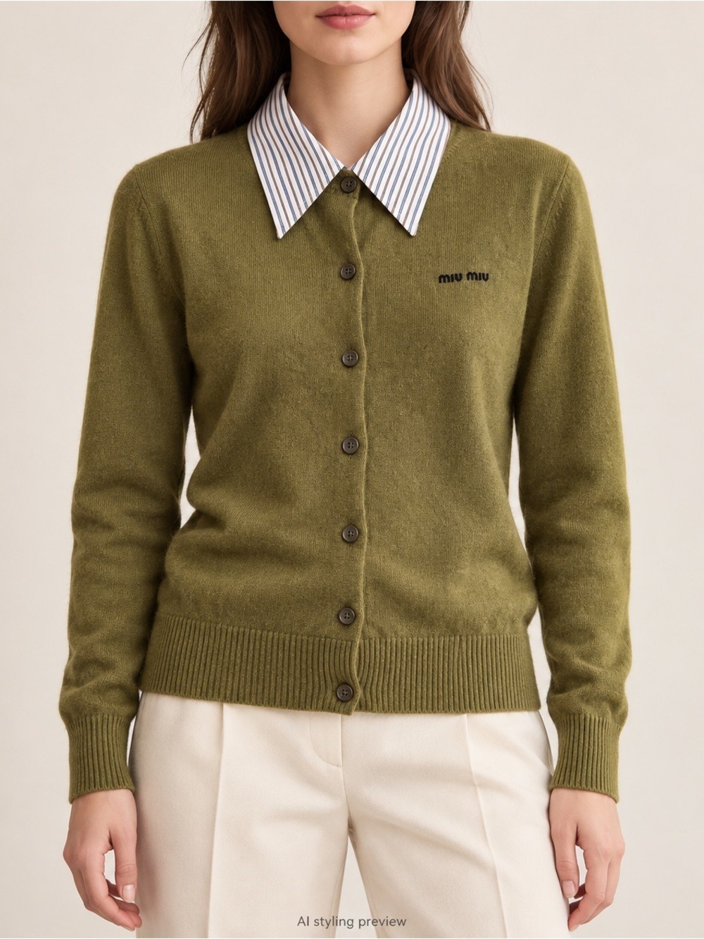 Miu Miu Olive Cashmere Cardigan Detachable Striped Collar IT 38